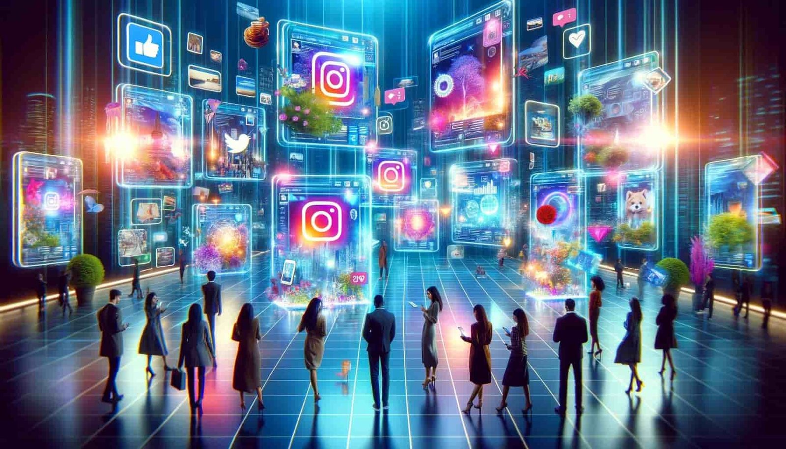 Learn how to buy Instagram accounts in a bustling virtual marketplace, with people interacting with dynamic holographic displays offering a variety of Instagram profiles for purchase.