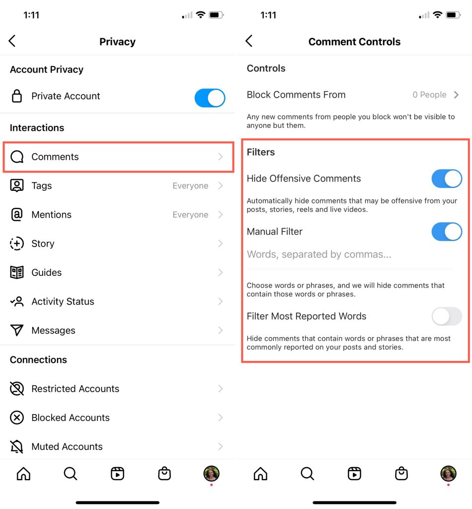 Instagram Hidden Words setting to filter spam and abusive comments