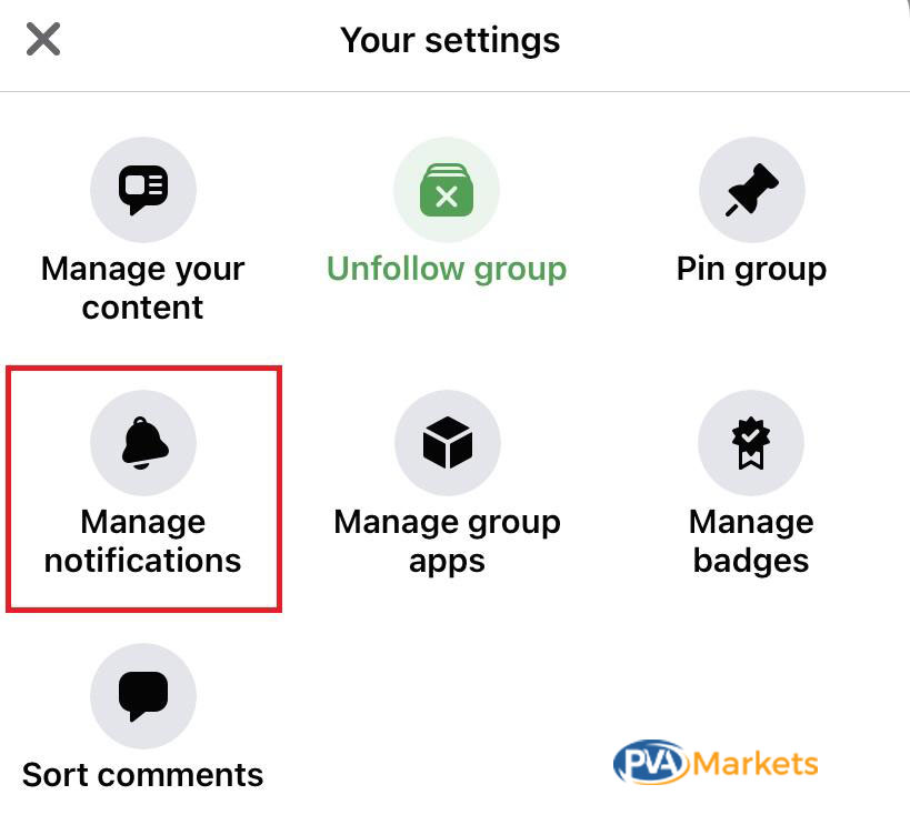 Facebook group settings menu highlighting the Manage notifications option