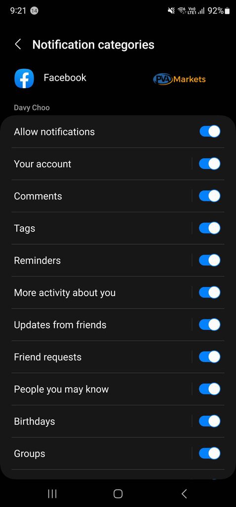 Samsung Android Facebook notification categories with individual alert switches