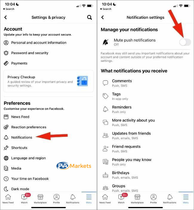Facebook notification settings showing how to manage push alerts and notification categories