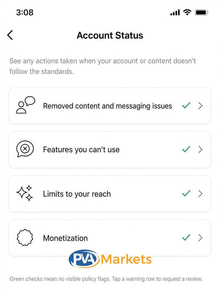 Instagram Account Status screen showing removed content, feature restrictions, and account warnings.