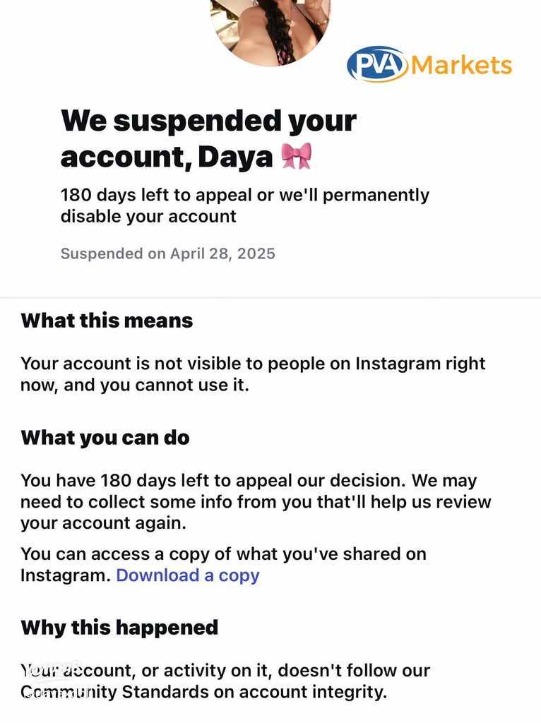 Instagram suspension notification showing a 180-day appeal deadline and account integrity concerns.