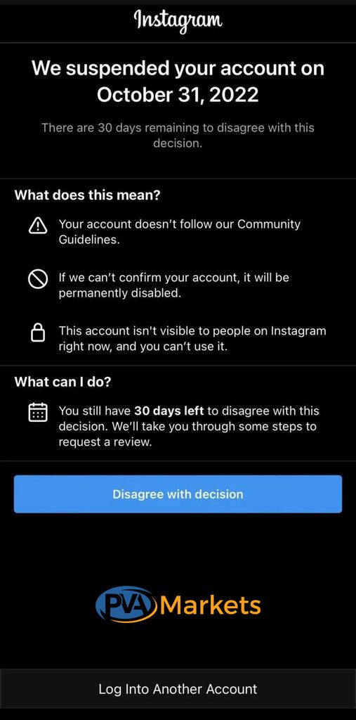 Instagram account suspension notice showing Community Guidelines warning and appeal deadline.