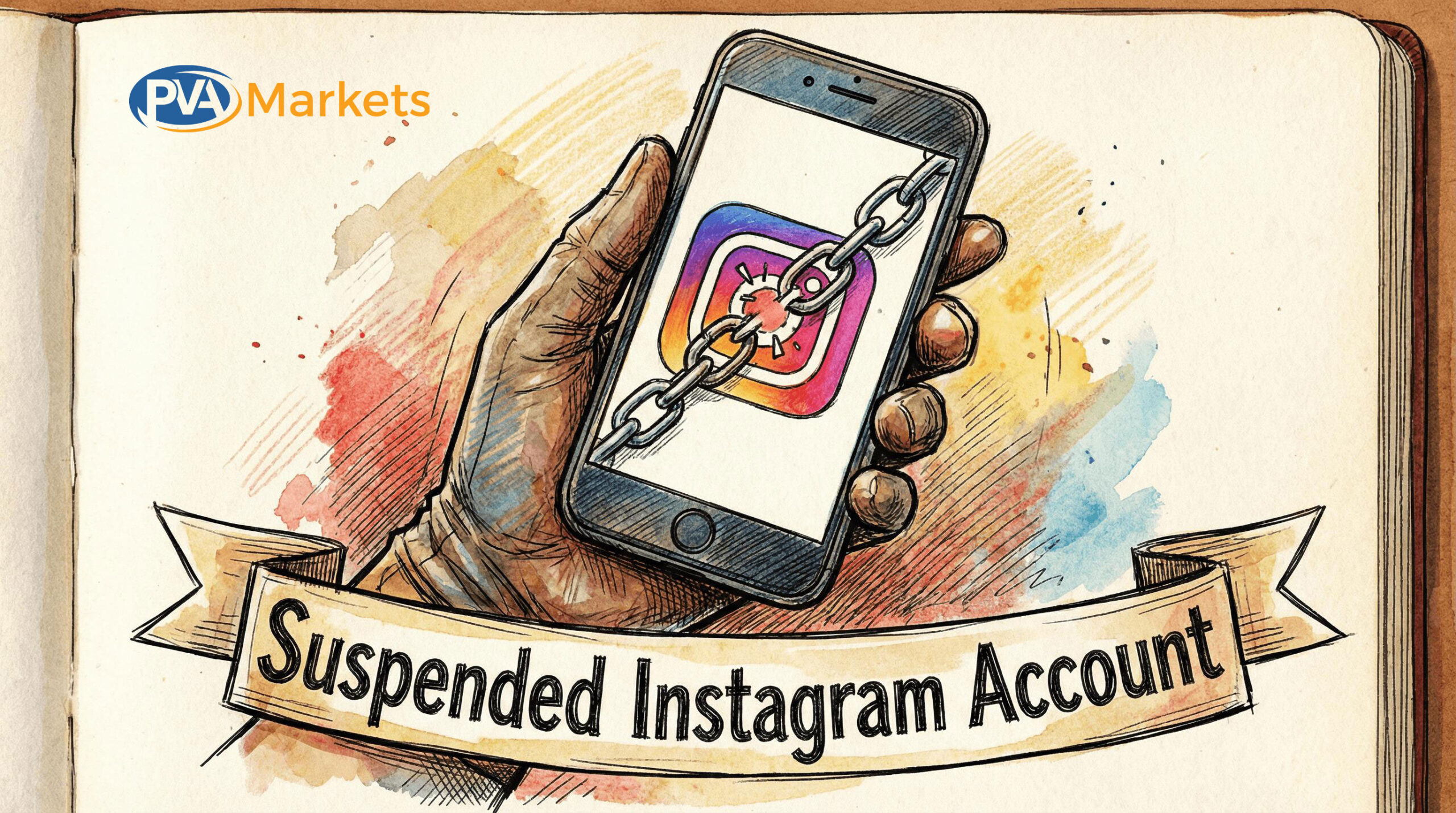 Instagram account suspended for no reason illustration showing a smartphone with an Instagram icon secured by a chain.