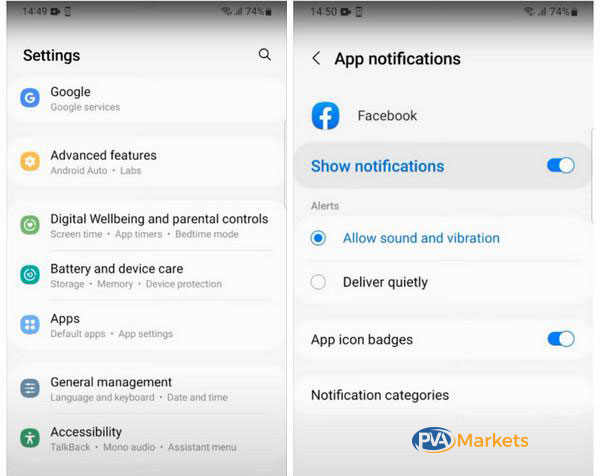 Android Facebook app notification settings showing the Show notifications switch