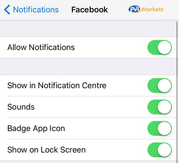 iPhone Facebook notification settings with Allow Notifications toggle